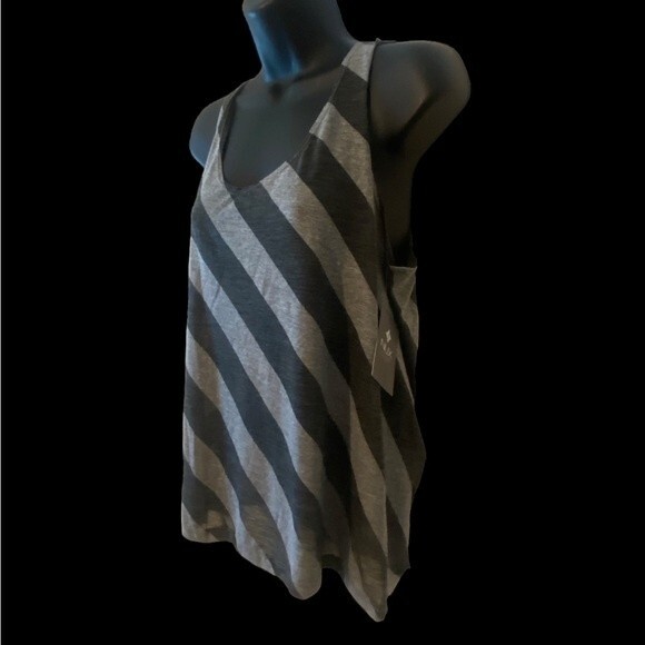 NUX Exhale Tank grey stripe yoga tank shirt low drape back keyhole size L. NWT - Picture 4 of 6